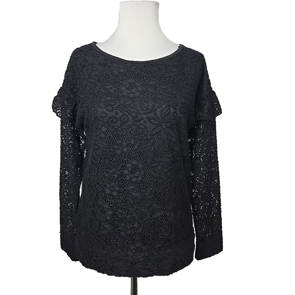Juicy Couture Pitch Black Ruffle Sleeve Lace Sweatshirt Top Small New $44